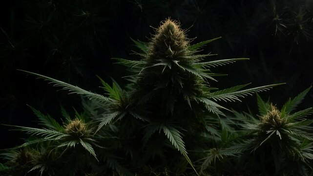 psychedelic weed animation, realistic weed plant monster cannabis, hemp plant, dark black tone, Cinematic, Satisfying, splash page, creative concept, design template