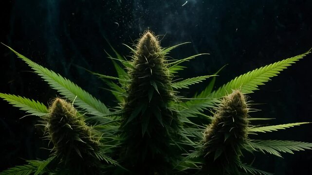 psychedelic weed animation, realistic weed plant monster cannabis, hemp plant, dark black tone, Cinematic, Satisfying, splash page, creative concept, design template