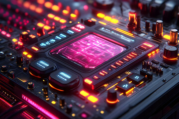 Obraz premium Futuristic control panel with glowing buttons and circuits, set in a high-tech environment