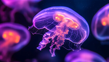 Obraz premium Vibrant jellyfish gracefully swimming in a deep blue ocean, illuminated by soft glowing lights