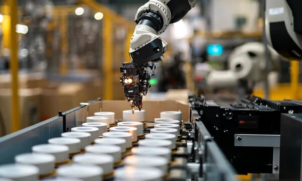 Automated Robotic Arm Handling Containers on Production Line in Modern Manufacturing Facility