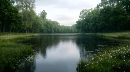 Obraz premium Serene lake in a lush green forest. Misty morning light reflecting on the still water