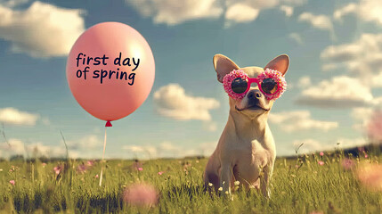 Happy spring first day of spring celebration with dog in greenery nature nowruz