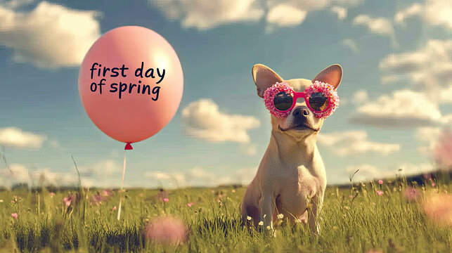 Happy spring first day of spring celebration with dog in greenery nature nowruz