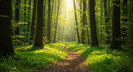 Fototapeta premium Serene forest path illuminated by sunlight in spring 