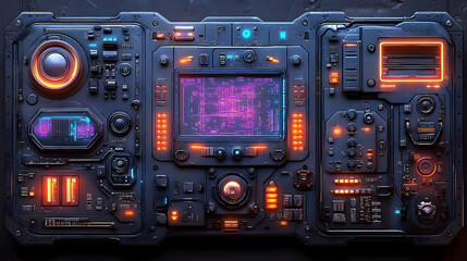 Futuristic control panel with glowing buttons and screens, set against a dark background, showcasing advanced technology