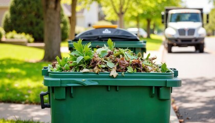 Green waste cart filled with yard debris on sunny street, eco-friendly living