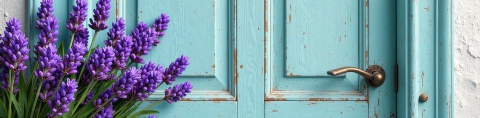 Fototapeta premium Delicate lavender blooms on a vintage wooden door, doors, soft focus