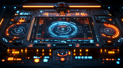 Obraz premium Futuristic control panel with glowing interfaces and intricate designs, showcasing advanced technology