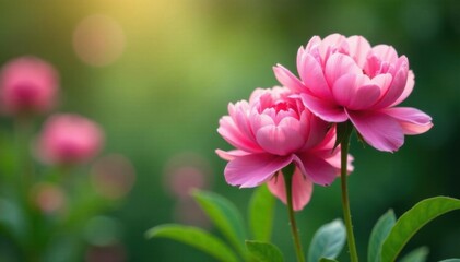 Obraz premium Delicate pink peony stems support full-bodied blossoms in shimmering hues, framing the landscape with effortless charm and sophistication , flowers, feminine