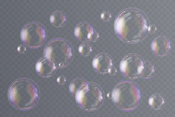 Vector soap bubbles hover gracefully, blending pastel tones naturally. Transparent backdrop reveals clarity, emphasizing vivid bubble reflections. Delicate bubble surfaces glow with realistic rainbow 