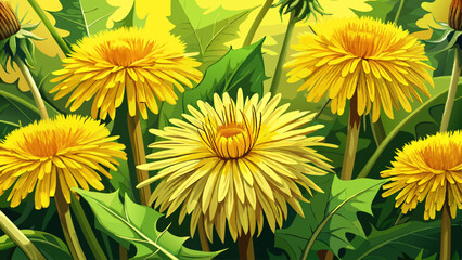 Close-up view of beautiful bright yellow blooming dandelions, Taraxacum officinale. A dandelion is well known for its yellow flower. It is a medicinal 