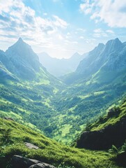 Fototapeta premium Serene mountain landscape with lush green valleys and a clear blue sky, perfect for relaxation