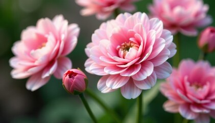 Fototapeta premium Delicate ranunculus flowers in full bloom, close-up shot of pink and white petals, gentle texture, nature, white