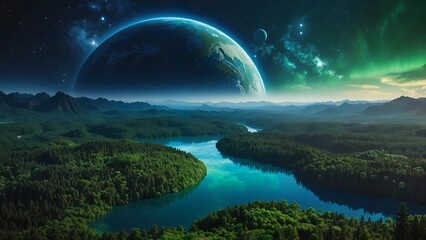 Beautiful landscape with a large planet in the background
