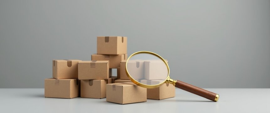 A stack of boxes with a magnifying glass. Concept of searching for goods and services. Tracking packages. Quality assurance. Services for finding and comparing products.