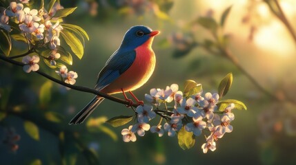 Vibrant Bird Perched Amidst Blooming Blossoms in Golden Sunlight