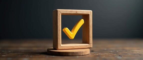 Yellow voting tick in a checkbox. Poll of opinions. Make the correct choice. Confirmation, passing the examination. Verification. Implementation of law.