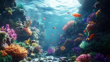 Naklejka premium Vibrant underwater ecosystem thrives with coral reefs and diverse fish life