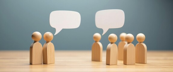 Wood figure standing out from a crowd of various people, communication concept, Wooden figurine with dialogue bubble, Distinct human shape, Leadership, Human resource.