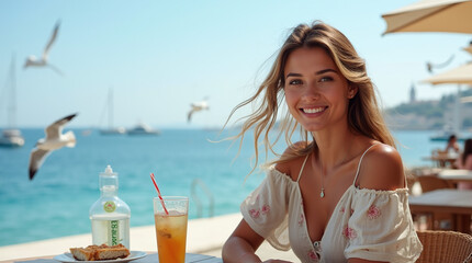 Attractive young woman in a flowy summer outfit, sitting at a seaside café with a view of the ocean. A gentle breeze plays with her hair as she enjoys a cold drink, with seagulls flying in the distanc