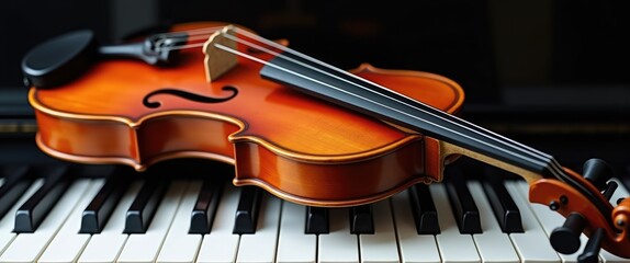 Fototapeta premium Violin placed on a keyboard background with space for music concept or performance.