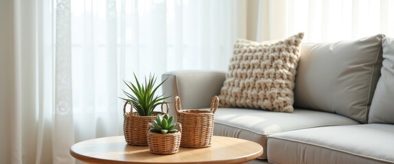 Fototapeta premium Wooden coffee table with houseplant and wicker basket positioned beside sofa in living room.