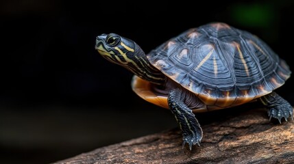 Fototapeta premium A close-up of a turtle perched on a log, showcasing its vibrant shell and intricate patterns