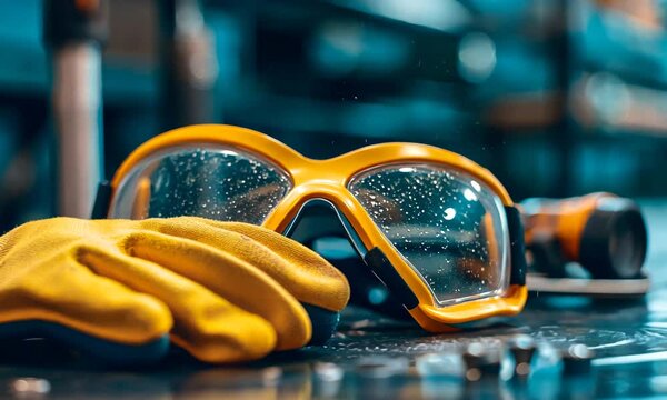 Close Up of Yellow Safety Goggles and Gloves on Metal Surface in Industrial Workspace
