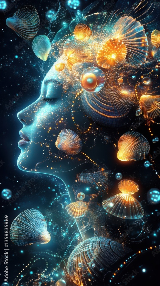 Poster Surreal representation of a glowing woman surrounded by luminous shells and aquatic elements at twilight