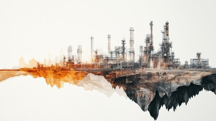 Fototapeta premium An artistic representation of the energy sector and future manufacturing through a conceptual graphic design, using double exposure to depict an oil, gas, and petrochemical refinery