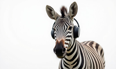 Zebra with Headphones Relaxing in Studio Background, Artistic Animal Portrait for Creative Projects