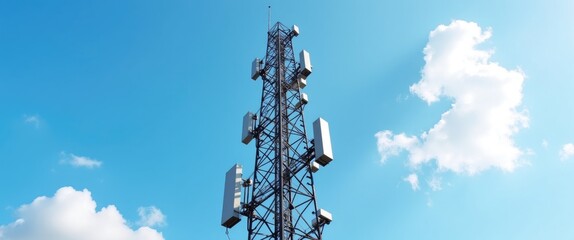 A high communication tower featuring several antennas set against a bright blue sky.