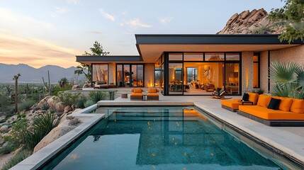 Modern desert home with pool and sunset views