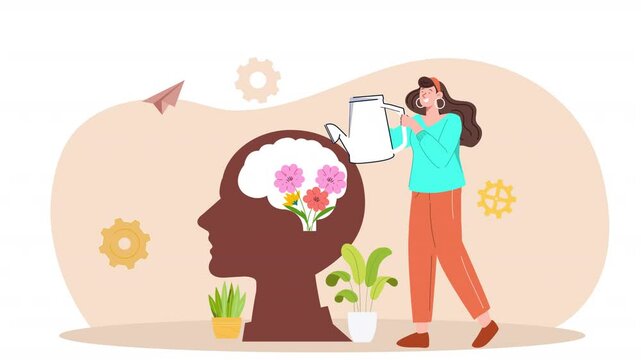 Growing Mind Concept Girl Watring Plant Vector Avtar Animation Scene looped