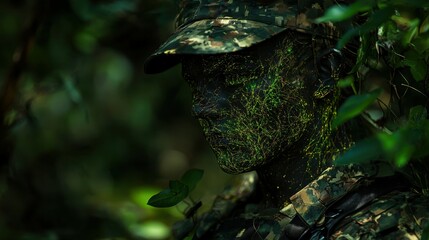 An image of a biopunk soldier with photosynthetic skin, blending into a forest through the darkness