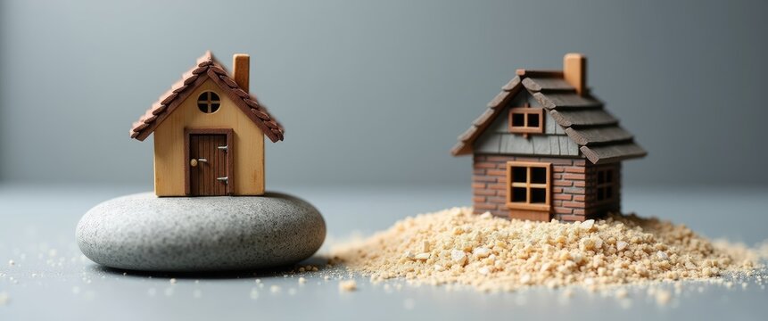 Two small houses, one constructed on a rock and the other on sand. The parable of the wise and foolish. The idea of faith and obedience to God. A close-up view.