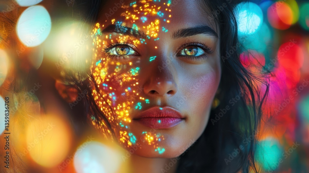 Aufkleber Surreal portrait of a woman's face illuminated by vibrant colors and intricate patterns in a dreamlike atmosphere