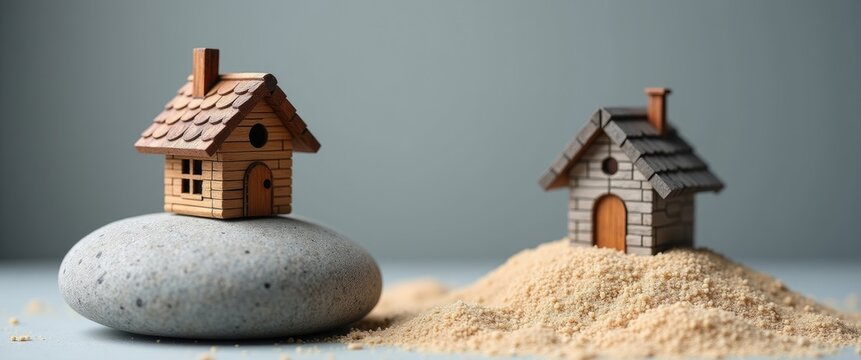 Two miniature houses, one constructed on a rock and the other on sand. The parable of the wise and foolish. The idea of faith and obedience to God. A close-up.