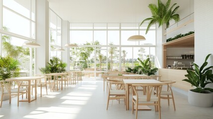 A bright cafe space featuring white walls, natural wood furniture, and green plants. The glass walls provide a seamless connection to the outdoors.