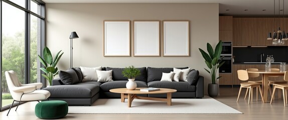 Fototapeta premium A living room featuring couches, chairs, and a coffee table at the center, illuminated by large windows.