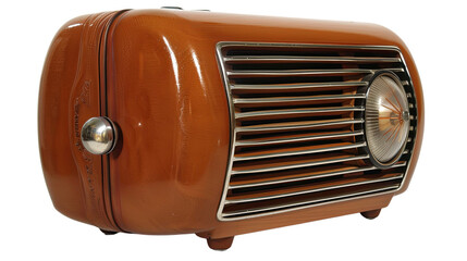 Fototapeta premium Retro Charm: A close-up of a vintage radio, a relic of a bygone era, elegantly exhibits its glossy wooden frame, intricate details, and the iconic dial.