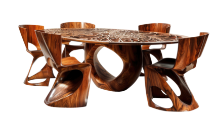 Elegant Wooden Dining Set: A stunning wooden dining set with a unique and modern design, showcasing a sculptural table and matching chairs, perfect for an artistic and sophisticated dining space.