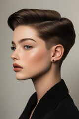 Fototapeta premium Elegant profile of a young woman with a chic hairstyle and subtle makeup in a minimalist setting showcasing modern beauty aesthetics