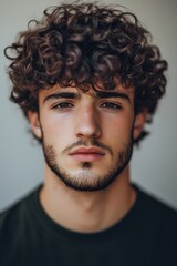 Obraz premium Young man with curly hair poses for a close-up portrait highlighting his expressive features and confident demeanor in a neutral background setting