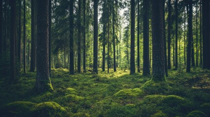 Enchanting forest landscape with mossy ground and towering evergreen trees