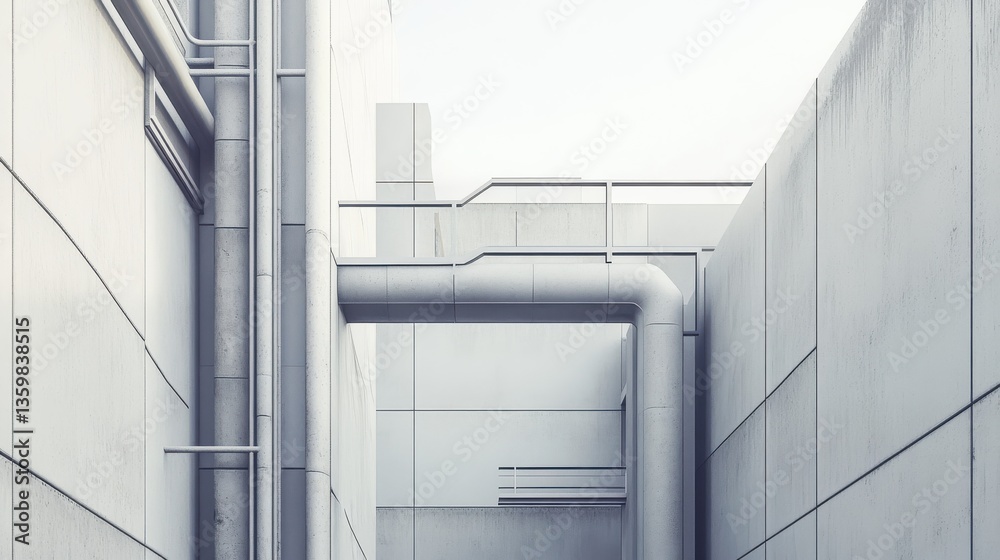 Poster Exploring a modern architectural environment with smooth gray surfaces and industrial pipes in a minimalist design