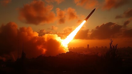 Obraz premium Military strike rocket blast trail sky silhouette threat dusk defense fire Photo