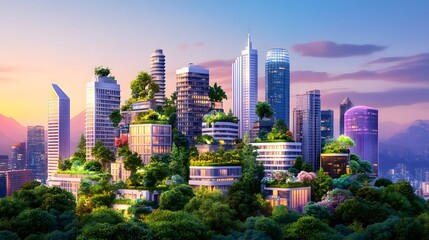Obraz premium Futuristic city skyline with lush vertical gardens urban landscape digital art vibrant environment aerial viewpoint sustainable concept