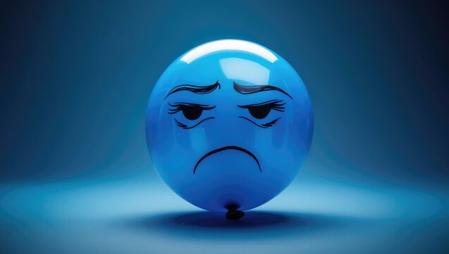 A blue balloon featuring a drawn-on sad face is depicted in a stock photo against a blue background.